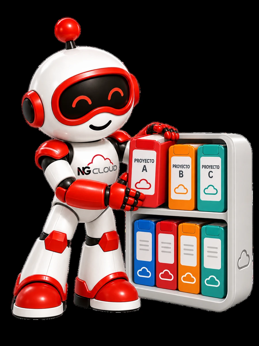 Nuvora, mascota de NG Cloud, organizando recursos etiquetados por proyecto y centro de costo