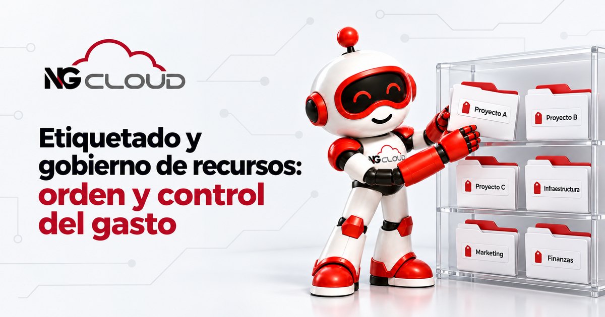 Nuvora, mascota de NG Cloud, organizando recursos etiquetados por proyecto y centro de costo