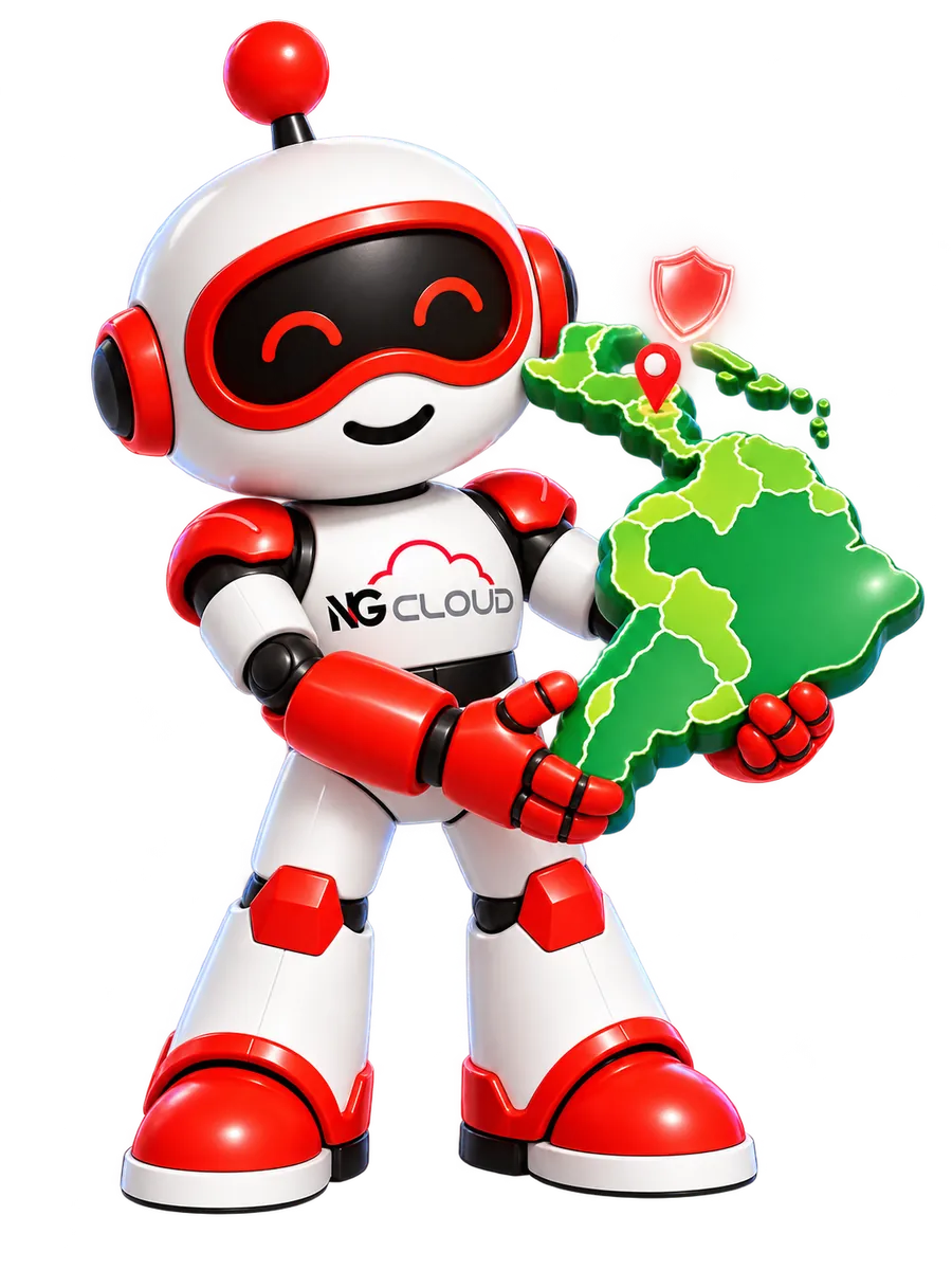 Nuvora, mascota de NG Cloud, sosteniendo un mapa de Guatemala y LATAM con un pin de ubicación y un escudo de protección