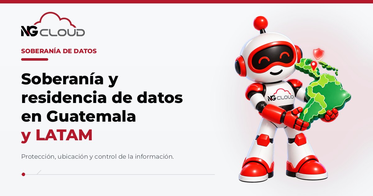 Nuvora, mascota de NG Cloud, con un mapa de Guatemala y LATAM protegido por un escudo