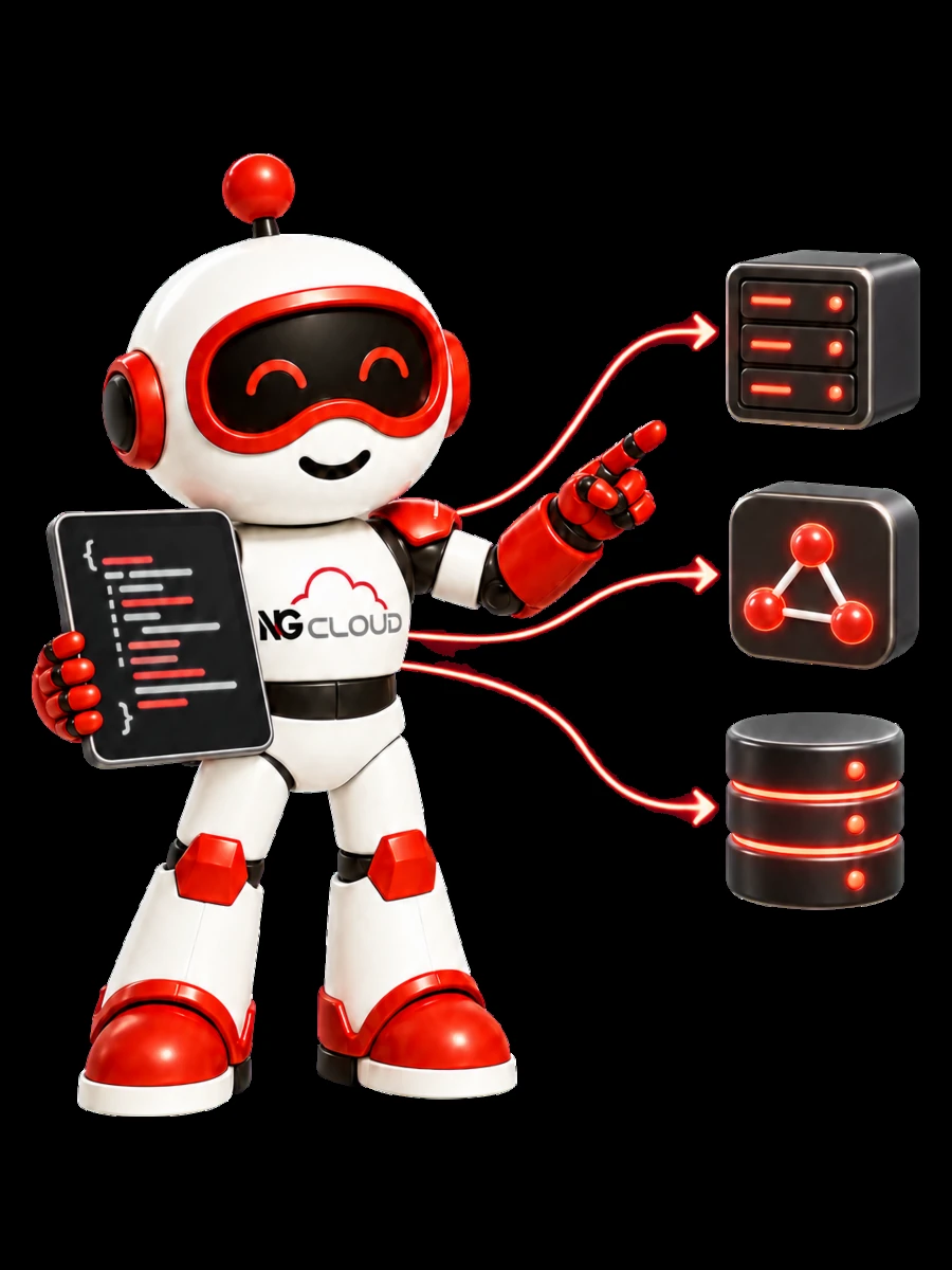 Nuvora, mascota de NG Cloud, con una pantalla de código que se transforma en bloques de infraestructura en la nube