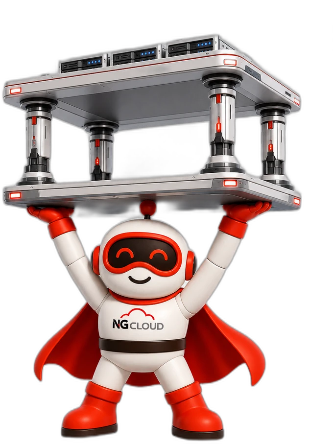 Nuvora, la mascota de NG Cloud, sosteniendo una estructura equilibrada sobre varios soportes