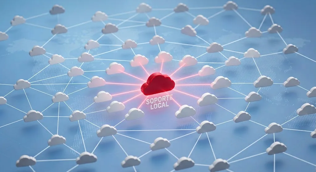 Red de nubes 3D conectadas por líneas, con un nodo de soporte local resaltado en rojo