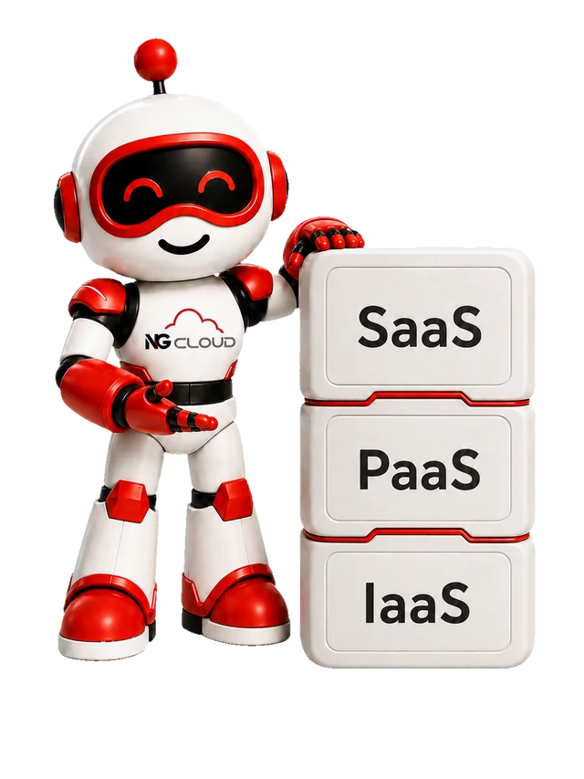 Nuvora, mascota de NG Cloud, señalando tres capas de servicios en la nube