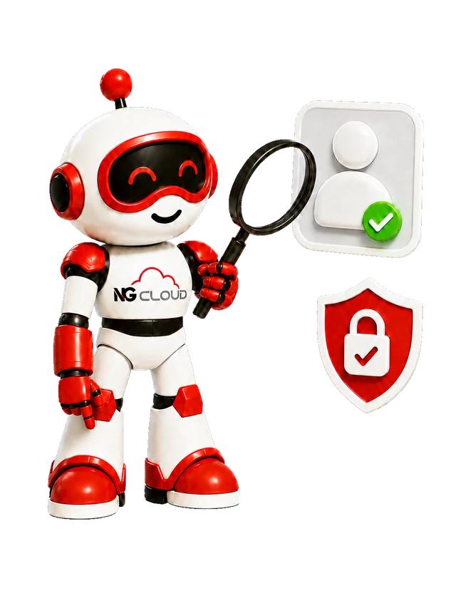Nuvora, mascota de NG Cloud, verificando una identidad con una lupa junto a un escudo de seguridad digital