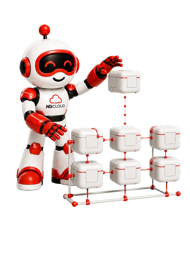 Nuvora, mascota de NG Cloud, organizando contenedores dentro de un clúster
