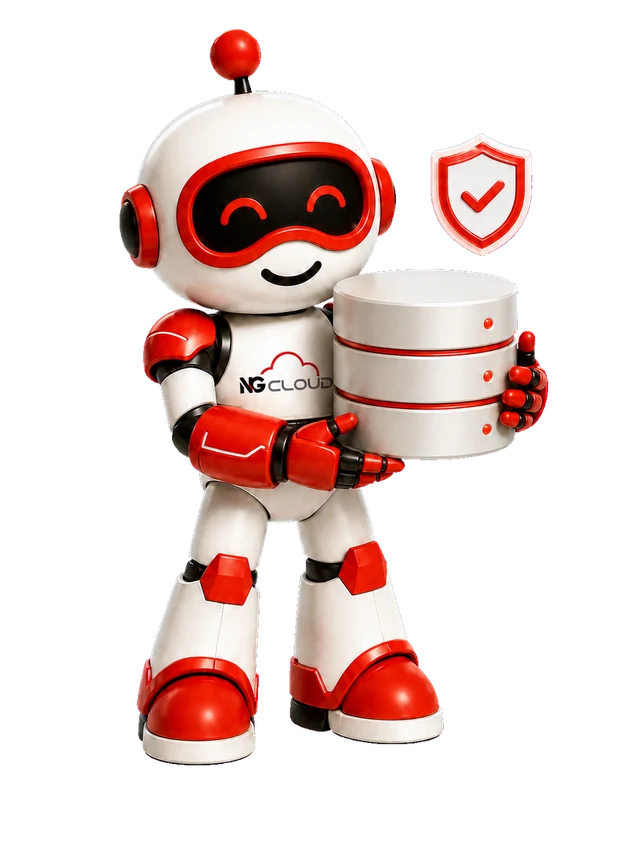 Nuvora, mascota de NG Cloud, sosteniendo una base de datos con un escudo de protección