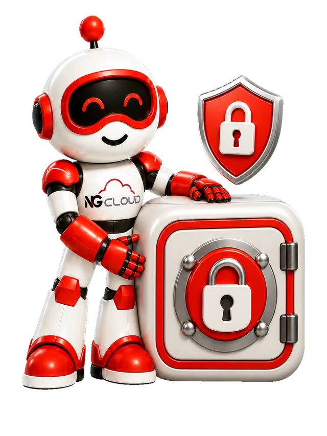 Nuvora, mascota de NG Cloud, protegiendo una bóveda de respaldo con un candado y un escudo de seguridad