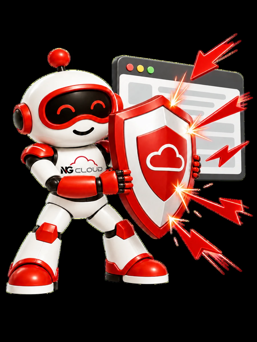 Nuvora, mascota de NG Cloud, sosteniendo un escudo frente a un ícono de aplicación web mientras desvía flechas de ataque