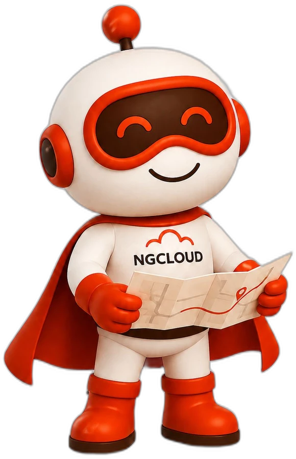 Nuvora, la mascota de NG Cloud, con un mapa planificando una estrategia cloud