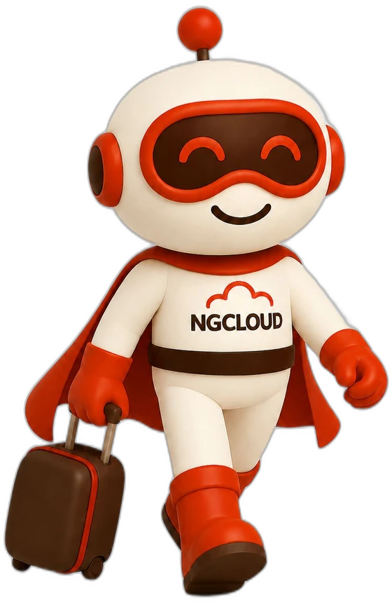 Nuvora, la mascota de NG Cloud, con una maleta lista para migrar a la nube