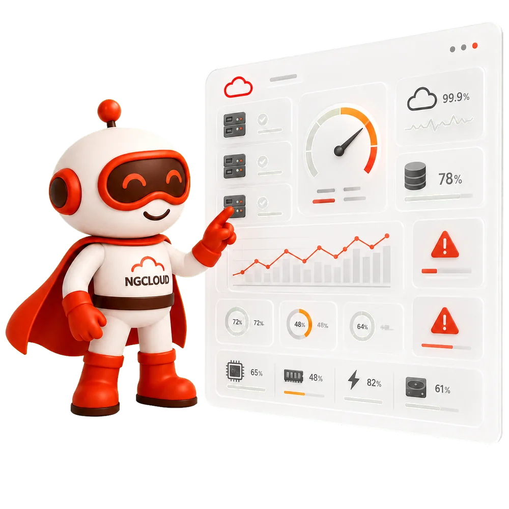 Nuvora, mascota de NG Cloud, revisando un panel de monitoreo en la nube