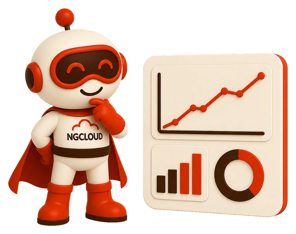 Nuvora, la mascota de NG Cloud, junto a un tablero con gr&aacute;ficas de consumo cloud